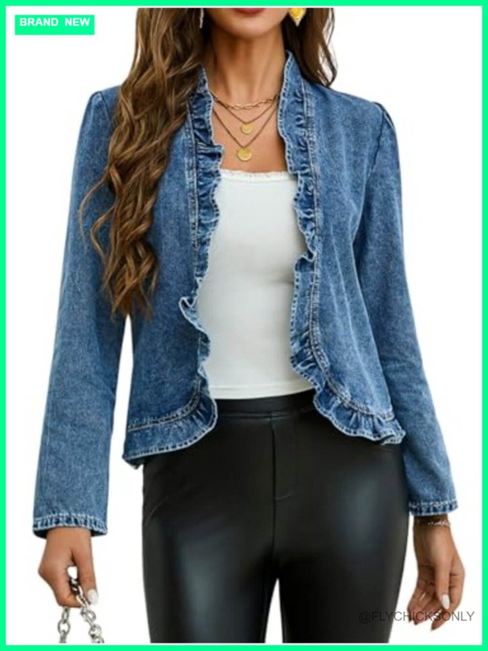 Ruffled Denim Jacket Open Front Cropped Jean Coat